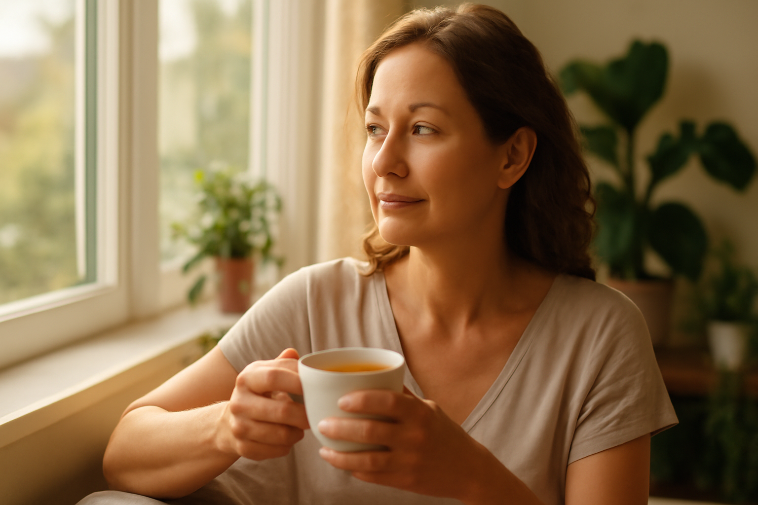 Woman in her 40s managing perimenopause symptoms at home, sitting by a sunny window with tea