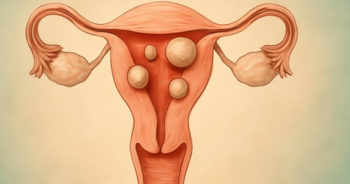 Medical illustration of the uterus showing uterine fibroids of different sizes and locations