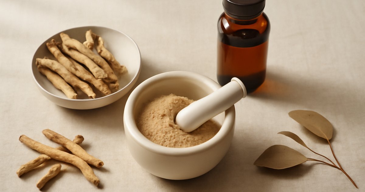 Ashwagandha root and powder with supplement bottle on natural linen background