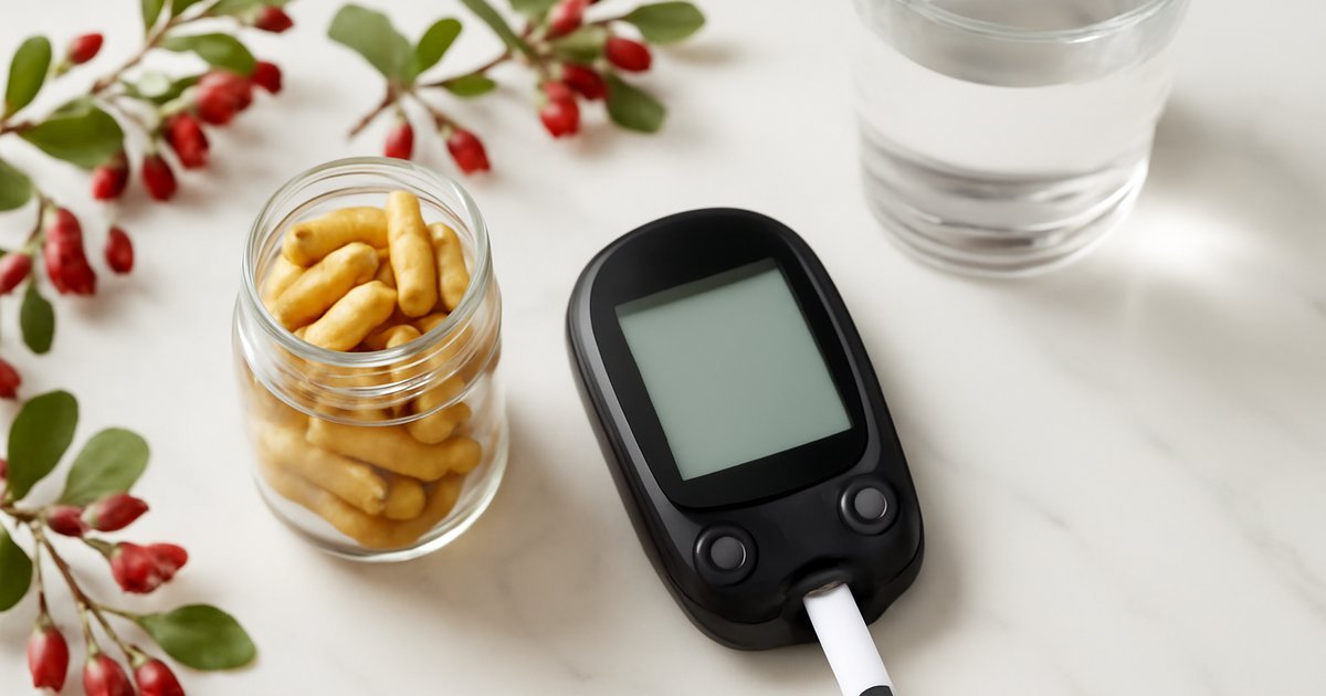 Berberine capsules next to barberry plant and blood glucose monitor on white marble surface
