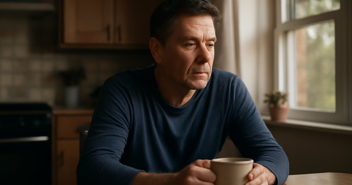 Middle-aged man sitting quietly at home table reflecting on his mental health
